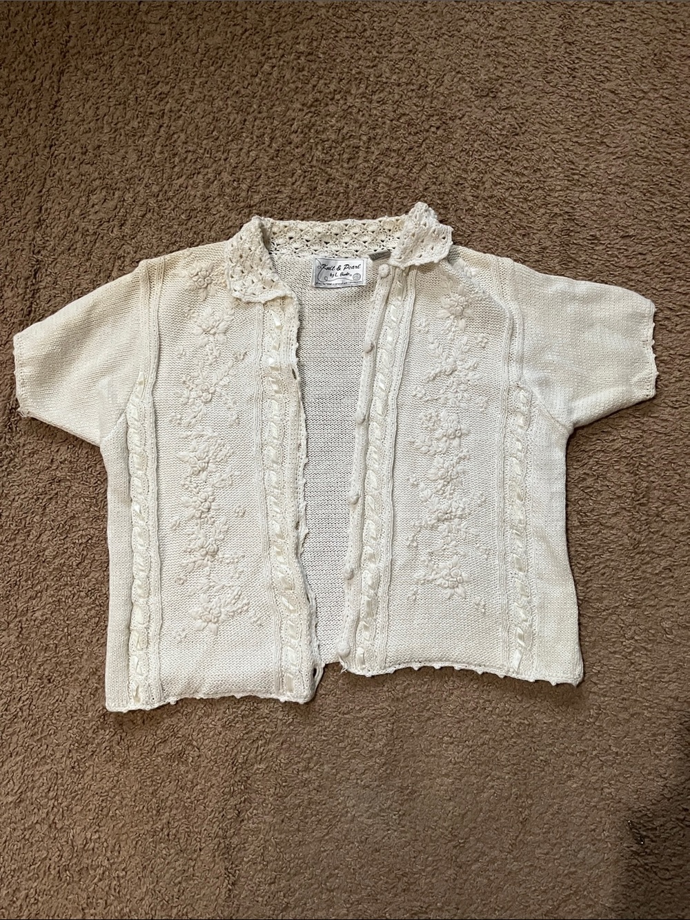 Petite Floral Crochet-Trim Open Cardigan - Cream